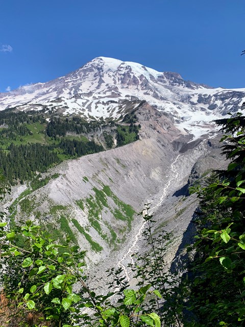 Glacial valley below towering Mount Rainier. A thin river begins at the end of a rocky glacier.