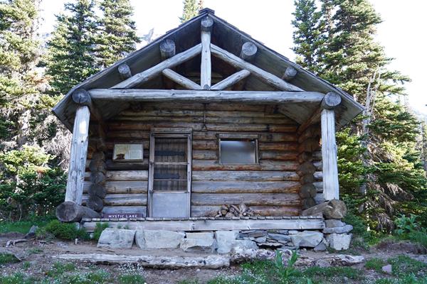 Log cabin on stone foundation surrounded by conifer trees