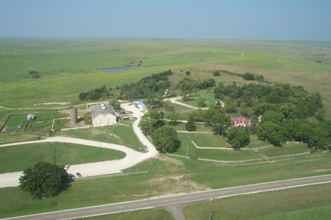 Aerial photo showing the historic ranch buildings.