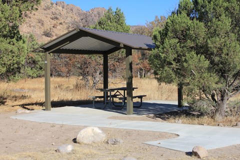 Picnic table under a ramada