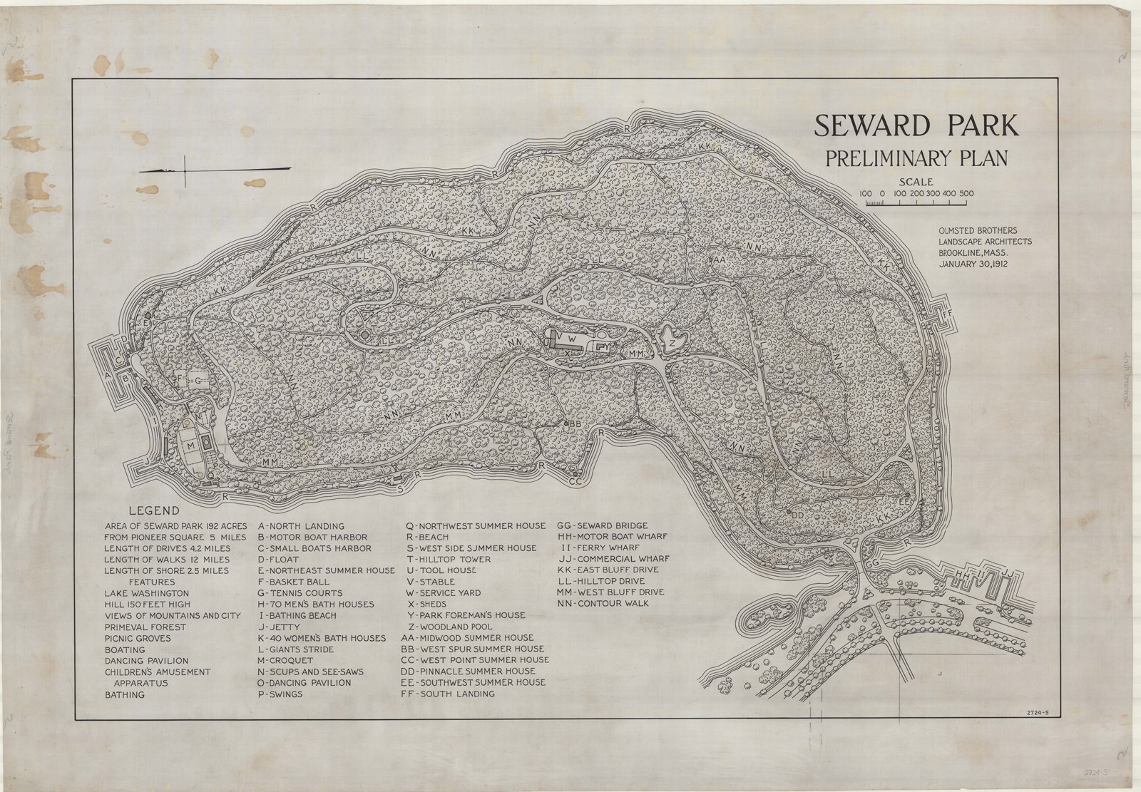 Plan of large park with lots of curving paths and densely packed with trees everywhere