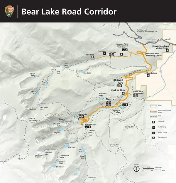 RMNP Map focused on the Bear Lake Road, showing locations like Moraine Park and Bear Lake