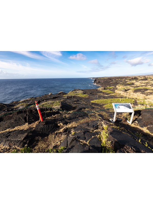 A viewpoint of dramatic sea cliffs with a wayside exhibit in the foreground