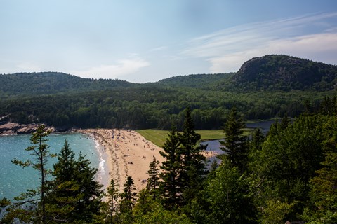 Sand beach with forest and mountains behind it