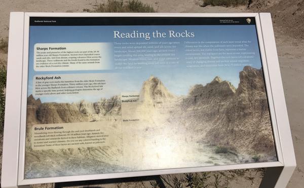 A one-panel exhibit showing photograph of layered badlands formations with labels.