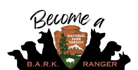 Silhouette of 6 dogs behind the NPS Arrowhead with the text "Become a B.A.R.K. Ranger."