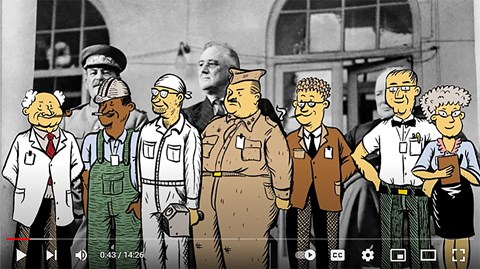 A color illustration of seven characters in front of a black and white photo of three men.
