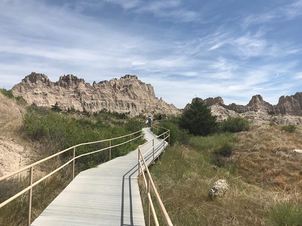 A sloped boardwalk proceeds through cedar trees and towards badlands buttes under a blue sky.