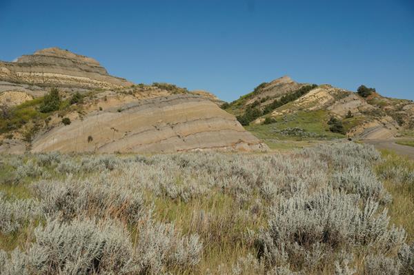 A butte slumps downward at an angle behind a grassy field.