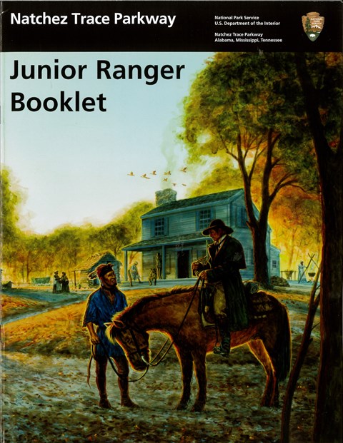 Cover of junior ranger book, Painting of two men talking. 1 man is on horseback