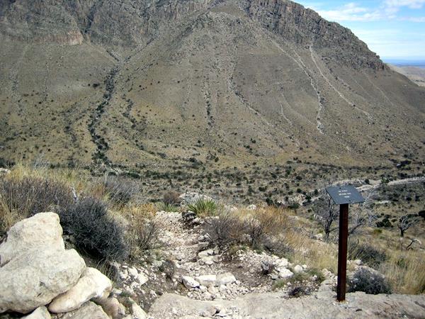 A trail junction overlooking a wide canyon mouth