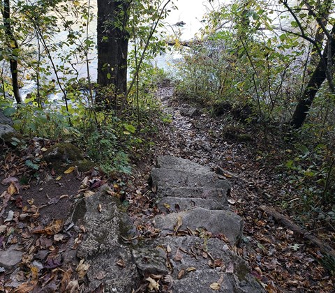 a grey rock stone path leads to the water's edge with green brush around path