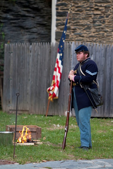 A historical reenactor in the lower town of Harpers Ferry.