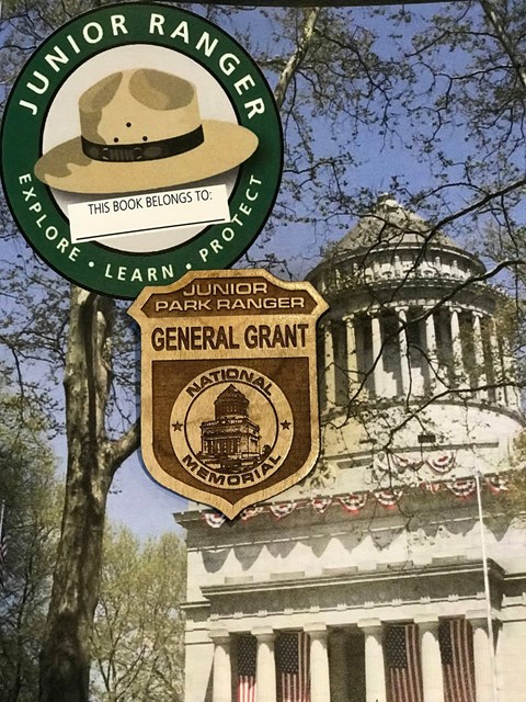 A General Grant National Memorial Junior Ranger booklet and wooden badge