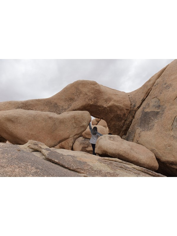 A hiker walking along a barren trail with desert vegetation and small boulders.