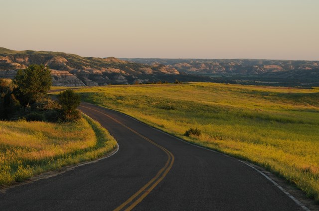 A road curving out of sight around buttes, with yellowish grass on both sides