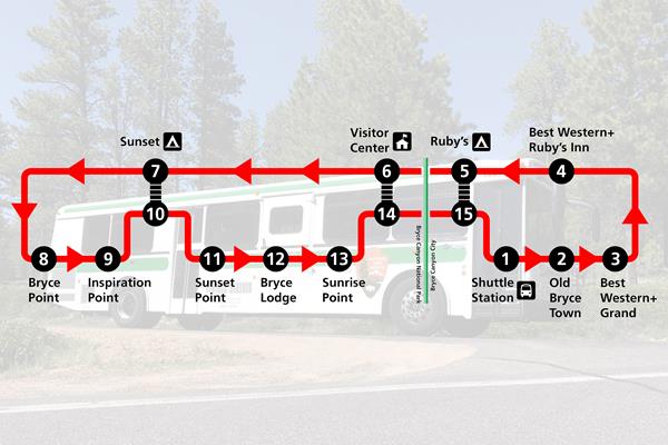 A shuttle route map with 15 stops superimposed on a faded image of a shuttle bus