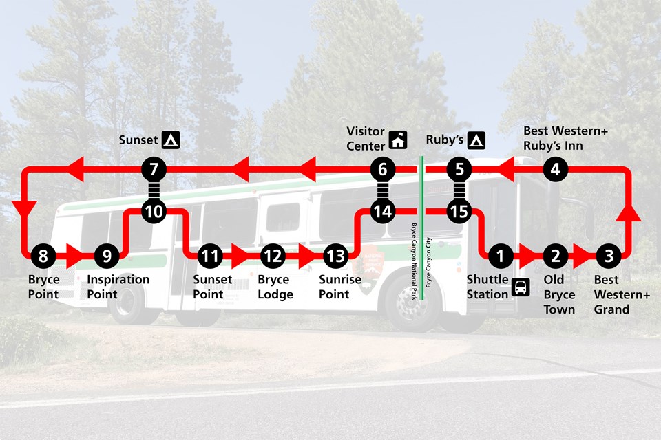 A shuttle route map with 15 stops superimposed on a faded image of a shuttle bus