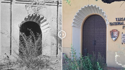 side-by-side comparison of historic and modern scallop-motif doorway