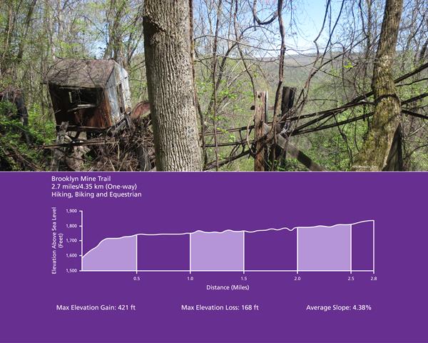 The remains of old coal mining buildings among the forest, below is an trail elevation profile.