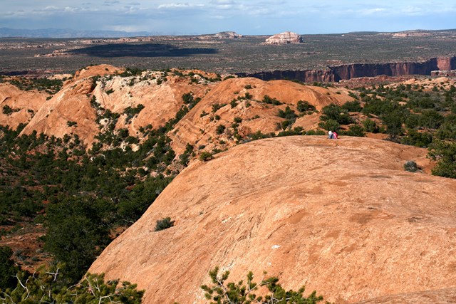 Two hikers standing on sloping sandstone ridges on the Whale Rock Trail