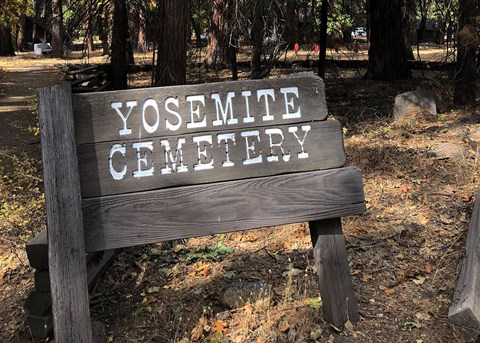 Wooden sign at entrance to Yosemite Cemetery