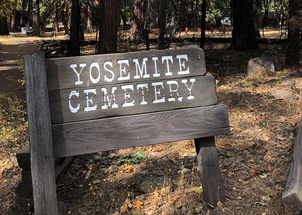 Wooden sign at entrance to Yosemite Cemetery