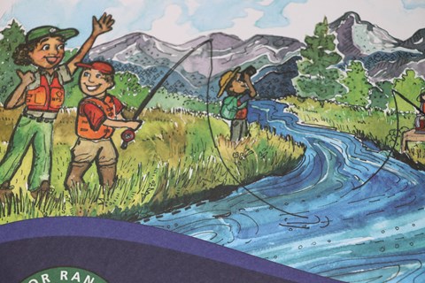 A drawn picture of a Ranger with a child fishing by a mountain river.