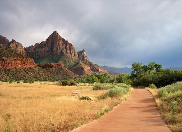 A tan, paved trail cuts through a meadow of yellow grasses toward a triangular sandstone mountain.