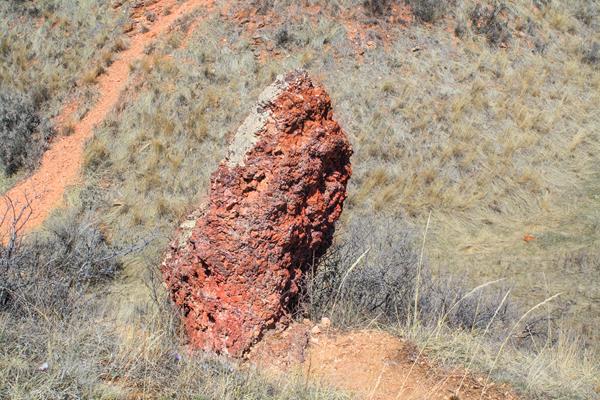 A column of red rock, partially covered in lichen, rises from the end of a short trail.