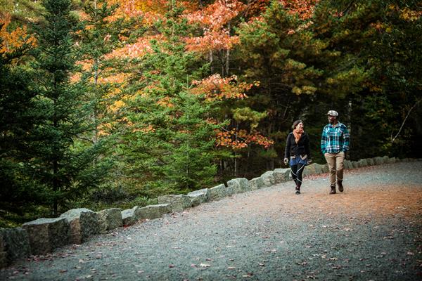 Two people walking along a crushed gravel surfaced road