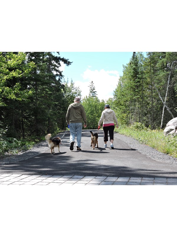 Two visitors walk along the Rainy Lake Recreation Trail, each one with a dog on a leash.