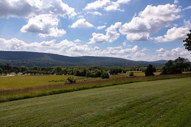 Wide green field in the foreground with blue hills rolling away in the distance