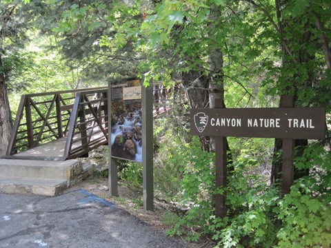 Two steps leading up to a bridge next to a sign reading "Canyon Nature Trail"