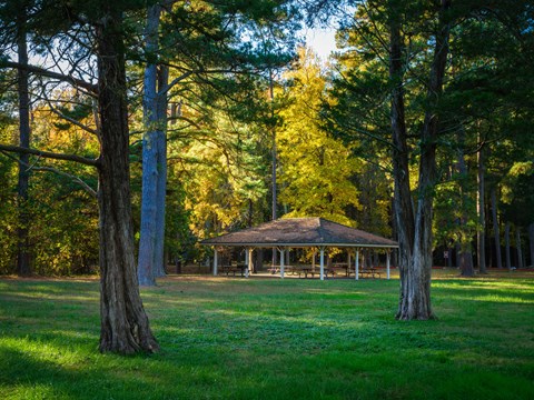 an overhang with picnic tables underneath.