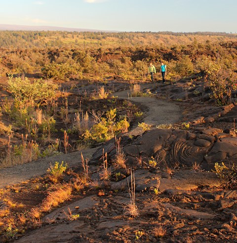 Two people walking on a paved path through a lava landscape at sunset