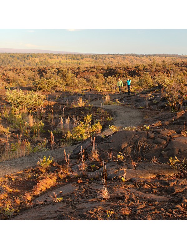 Two people walking on a paved path through a lava landscape at sunset