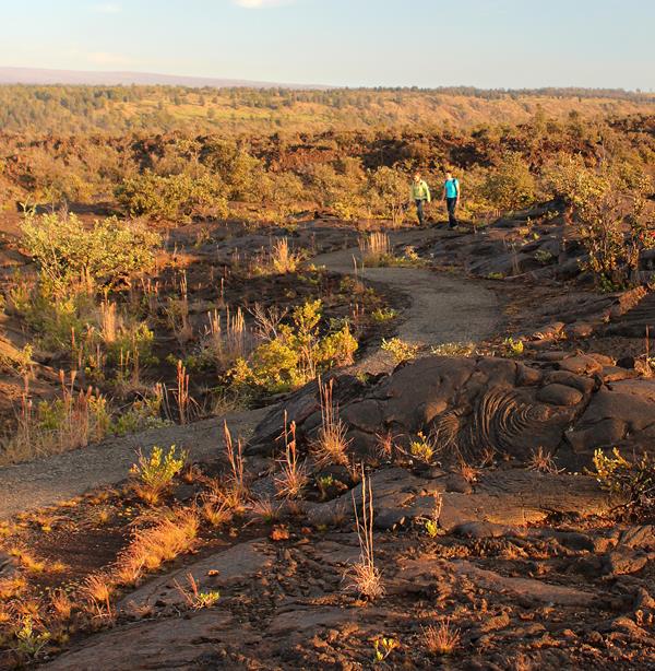 Two people walking on a paved path through a lava landscape at sunset