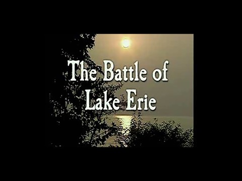 Trees silhouette against water and sun setting. Text The Battle of Lake Erie