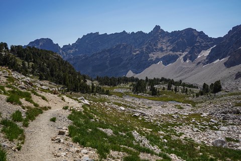 A trail meanders through a rocky, alpine meadow with jagged peaks in the background.