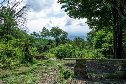 A wooden bench overlooking a view from a forested mountaintop.