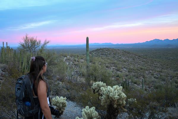 Hiker with backpack and camera stares out at mountains in the distance on a desert trail at sunset.