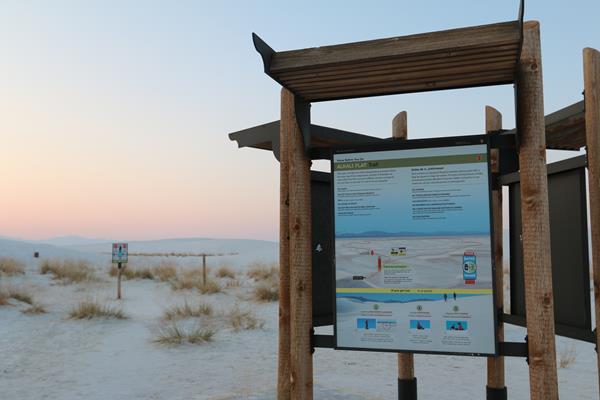 The Alkali Flat kiosk panel, with information about the most strenuous trail at White Sands.
