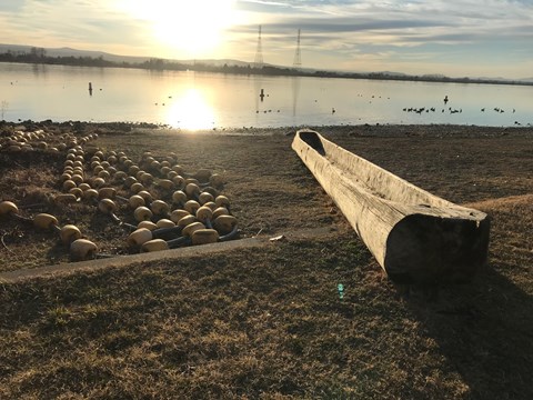 A color photo of a large body of water with distant shores. There is a log dugout into a canoe.