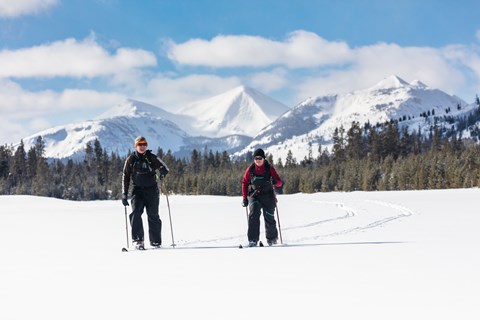 Two skiers travel across a flat meadow with mountains in the distance.