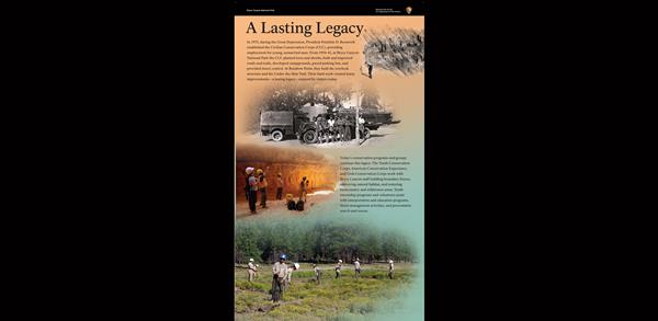 Wayside exhibit explaining Civilian Conservation Corps and modern volunteers contributions.