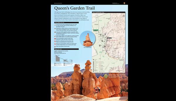 Wayside exhibit providing orientation and accessibility information for the Queen's Garden trail.