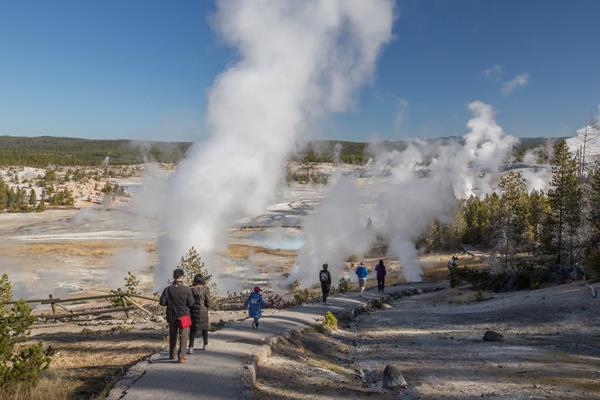 People walk down a trail towards a steaming geyser basin.