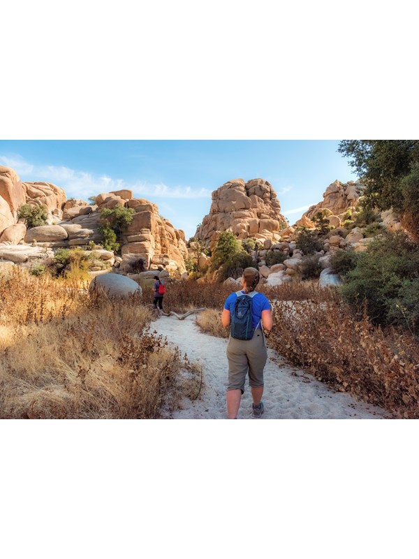 wo hikers walk along a sandy trail surrounded by golden vegetation and tall granite rock formations
