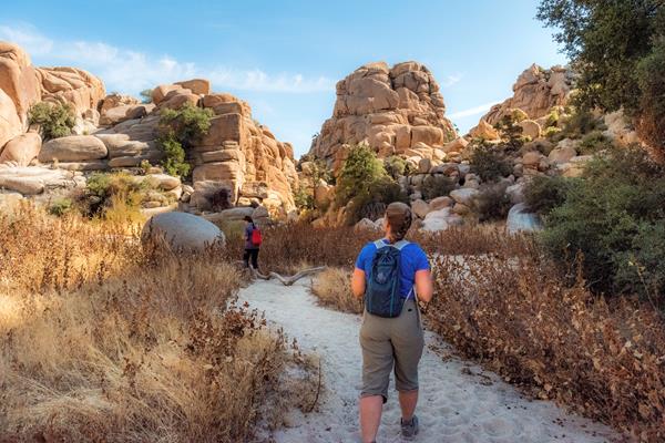 wo hikers walk along a sandy trail surrounded by golden vegetation and tall granite rock formations